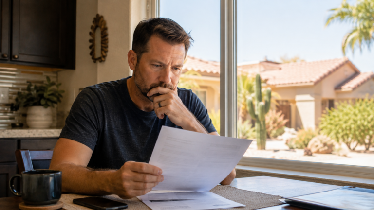 Homeowner contemplating why one roofing quote is cheaper than another in phoenix