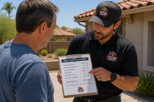 raving roofs going over how much roof repair costs in phoenix with a homeowner