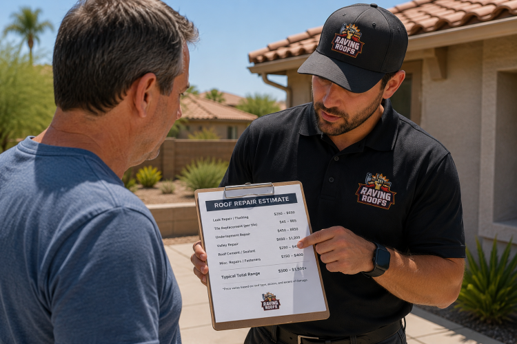 raving roofs going over how much roof repair costs in phoenix with a homeowner